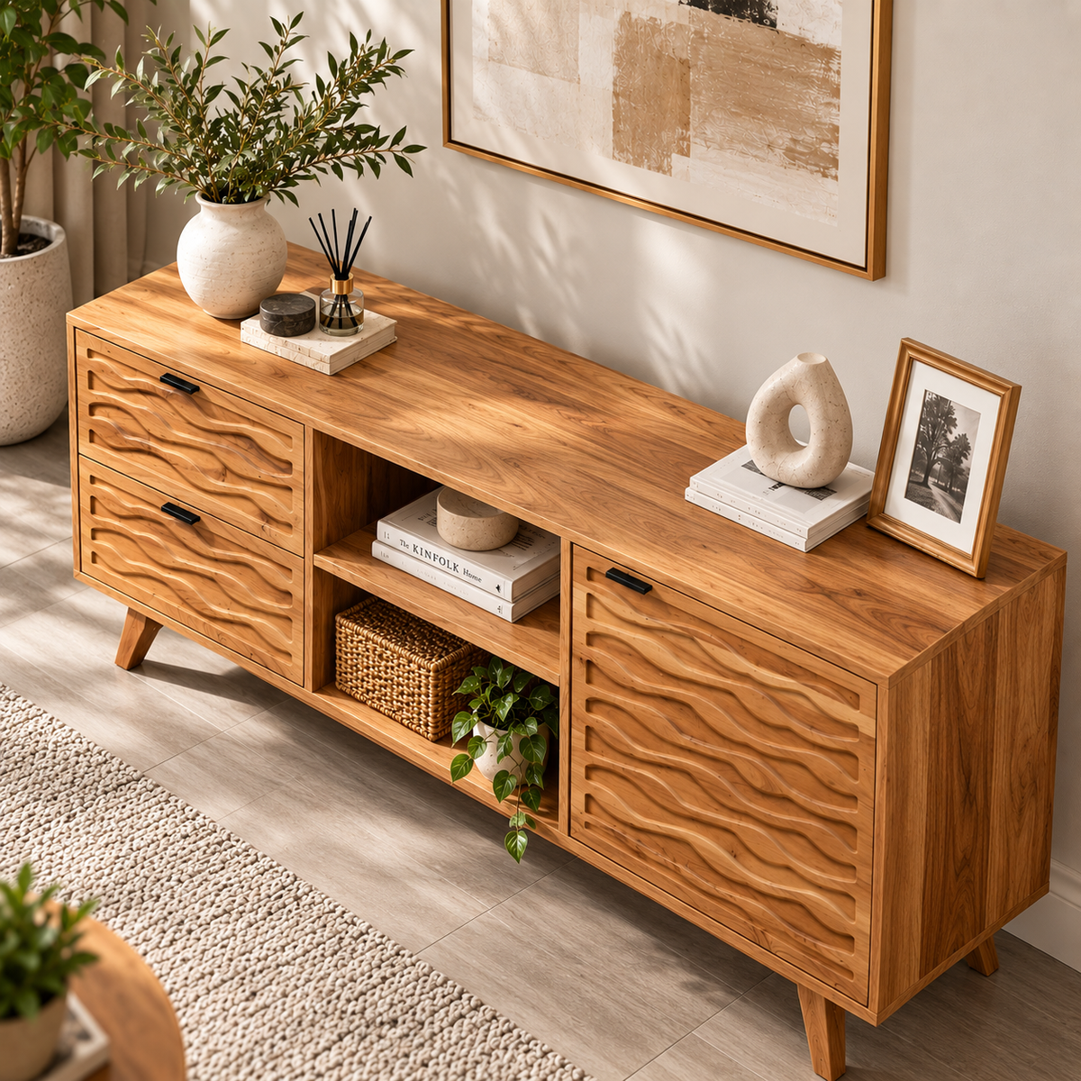 Modern Wooden Media Console with Wave-Carved Fronts