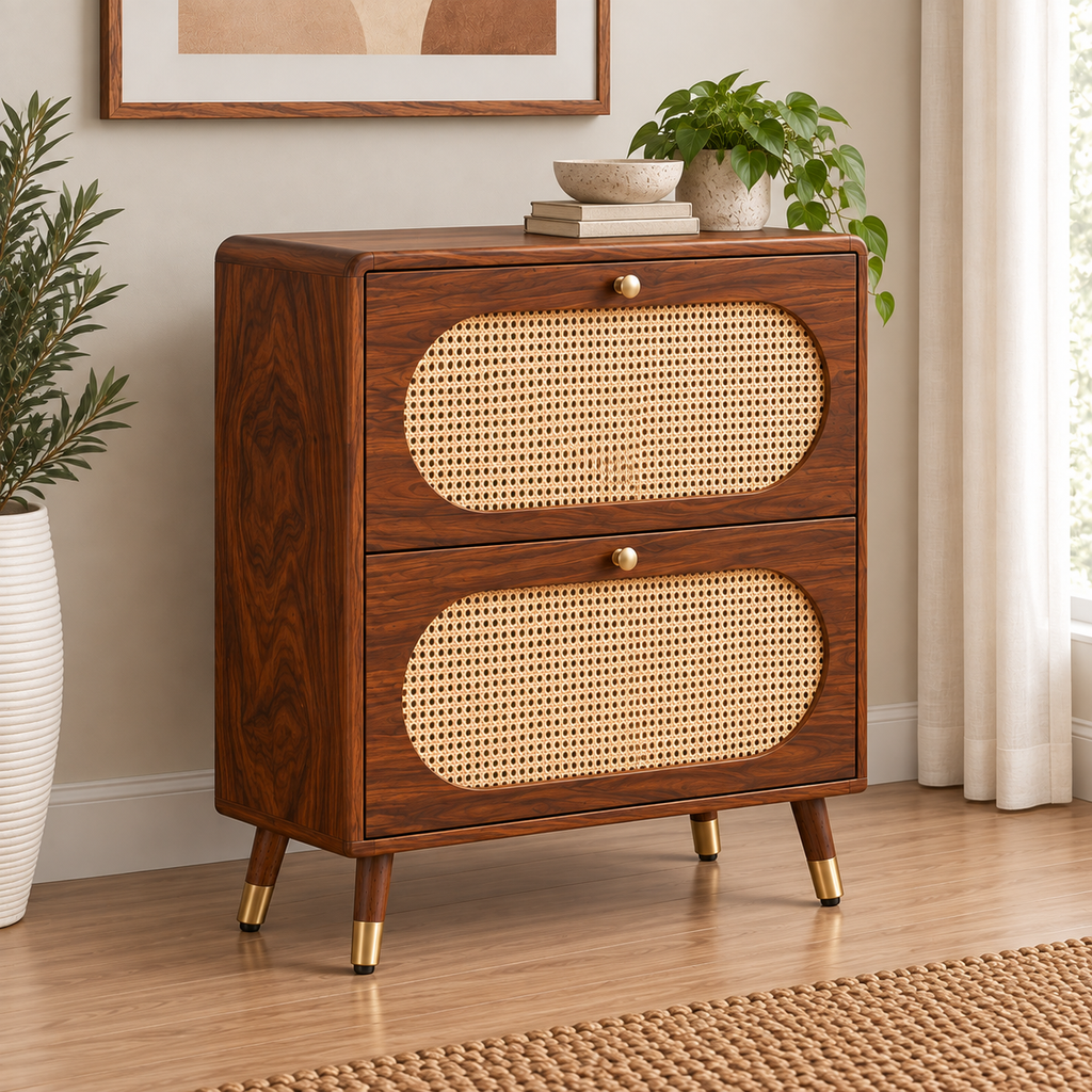 Modern Sheesham Wood Shoe Rack with Handwoven Cane Panels