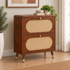 Modern Sheesham Wood Shoe Rack with Handwoven Cane Panels