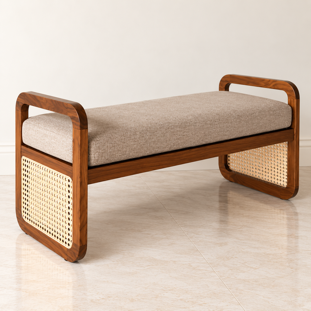 Walnut Frame Upholstered Cane Bench