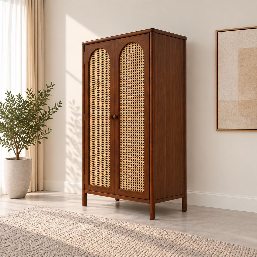 Braxton Contemporary Solid Wood 2-Door Wardrobe with Arched Handwoven Cane Panels