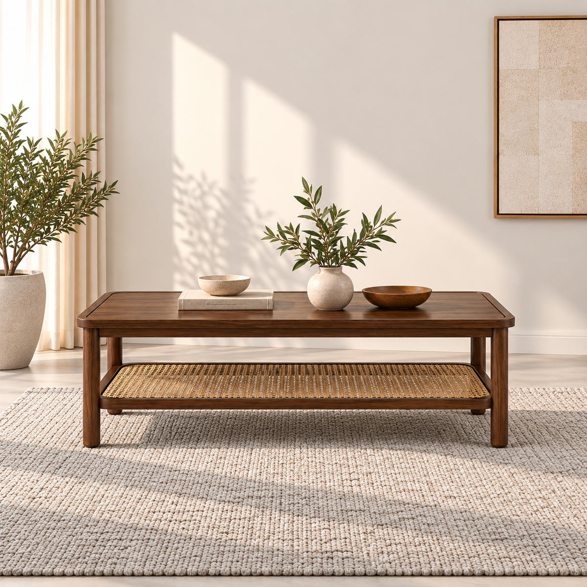 Braxton Contemporary Solid Wood Coffee Table with Handwoven Cane Shelf