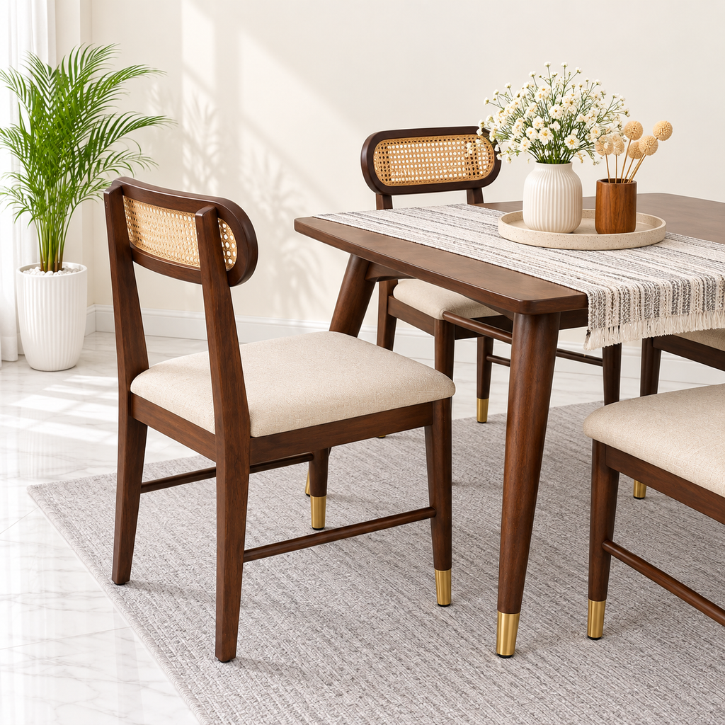 Ashton Solid Wood Rattan Cane Squre Dining Table 4 Seater 