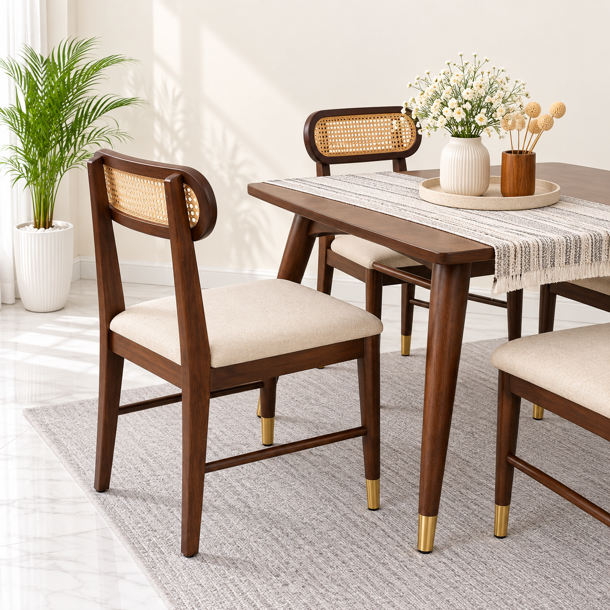 Ashton Solid Wood Rattan Cane Squre Dining Table 4 Seater 