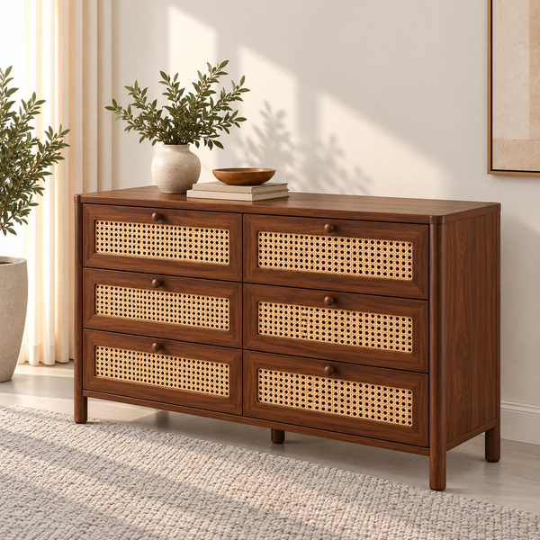 Braxton Contemporary Solid Wood 6-Drawer Dresser with Handwoven Cane Panels