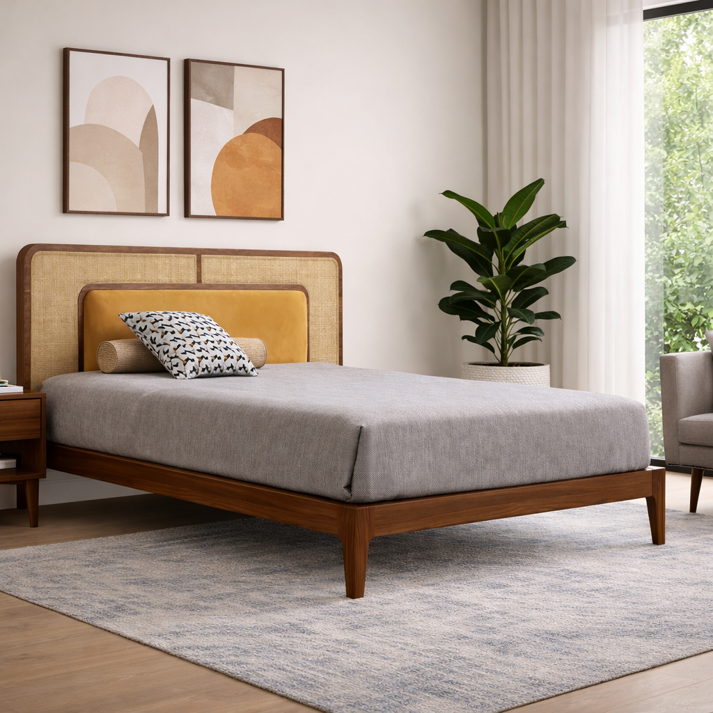 Mid-Century Wooden Bed with Cane Upholstered Headboard | Mamta Handicraft