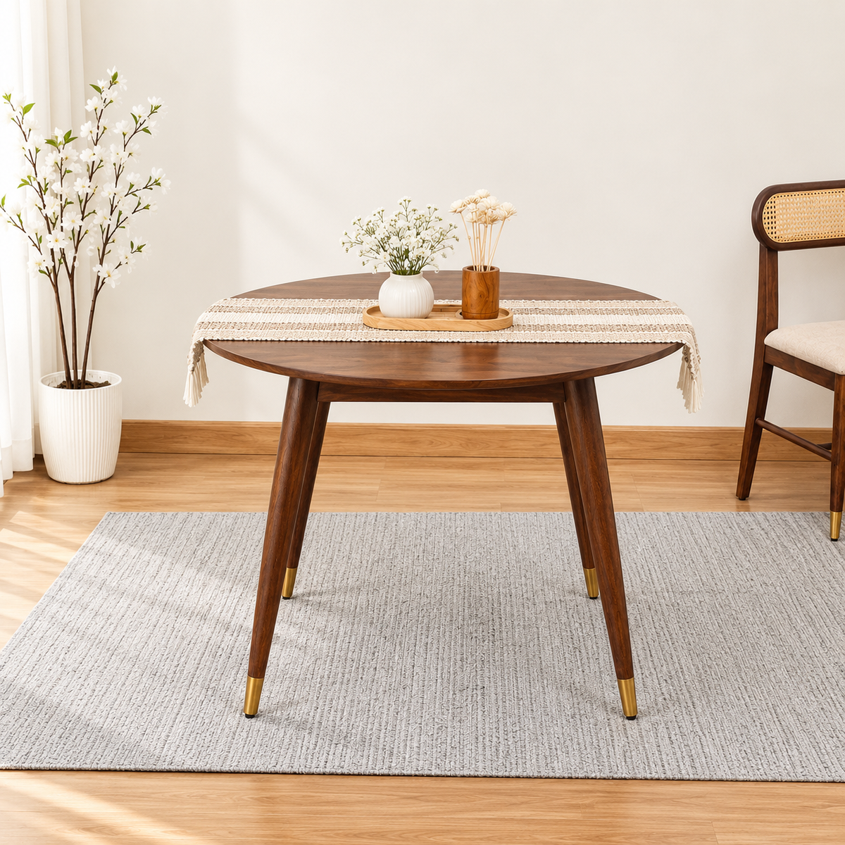 Ashton Solid Wood Rattan Cane Round Dining Table 4 Seater 