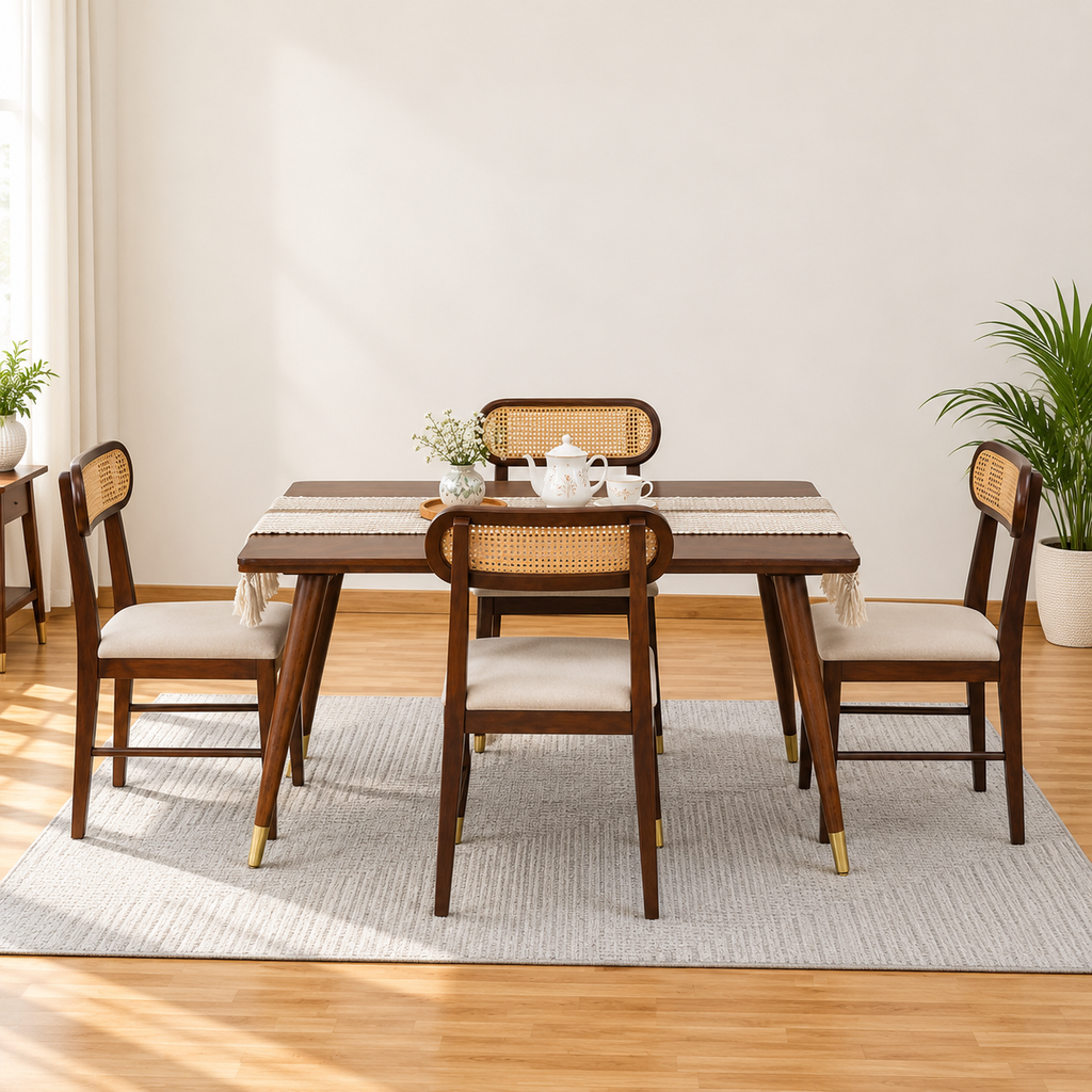 Ashton Solid Wood Rattan Cane Dining Table 4 Seater Set