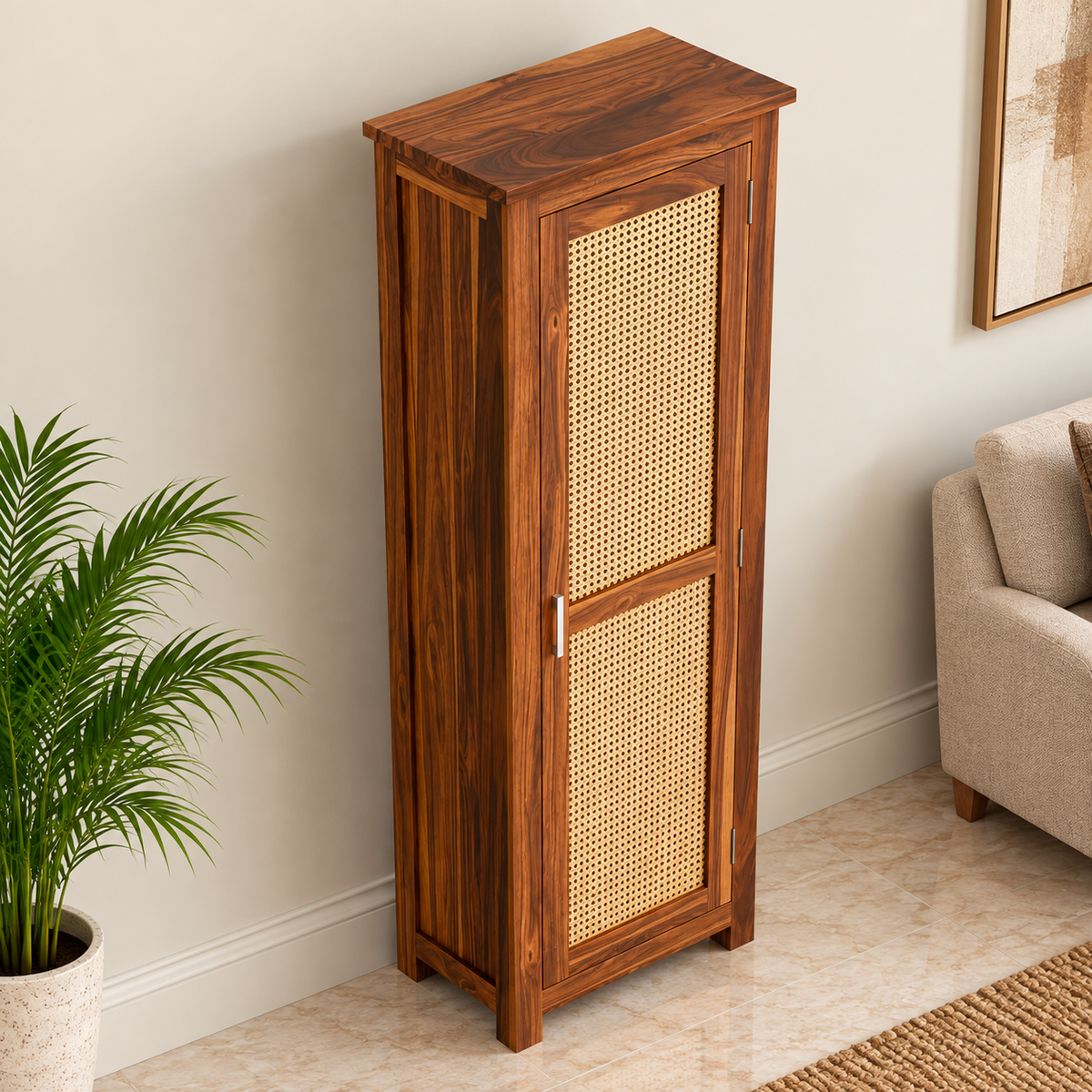 Modern Sheesham Wood Tall Cabinet with Cane Doors