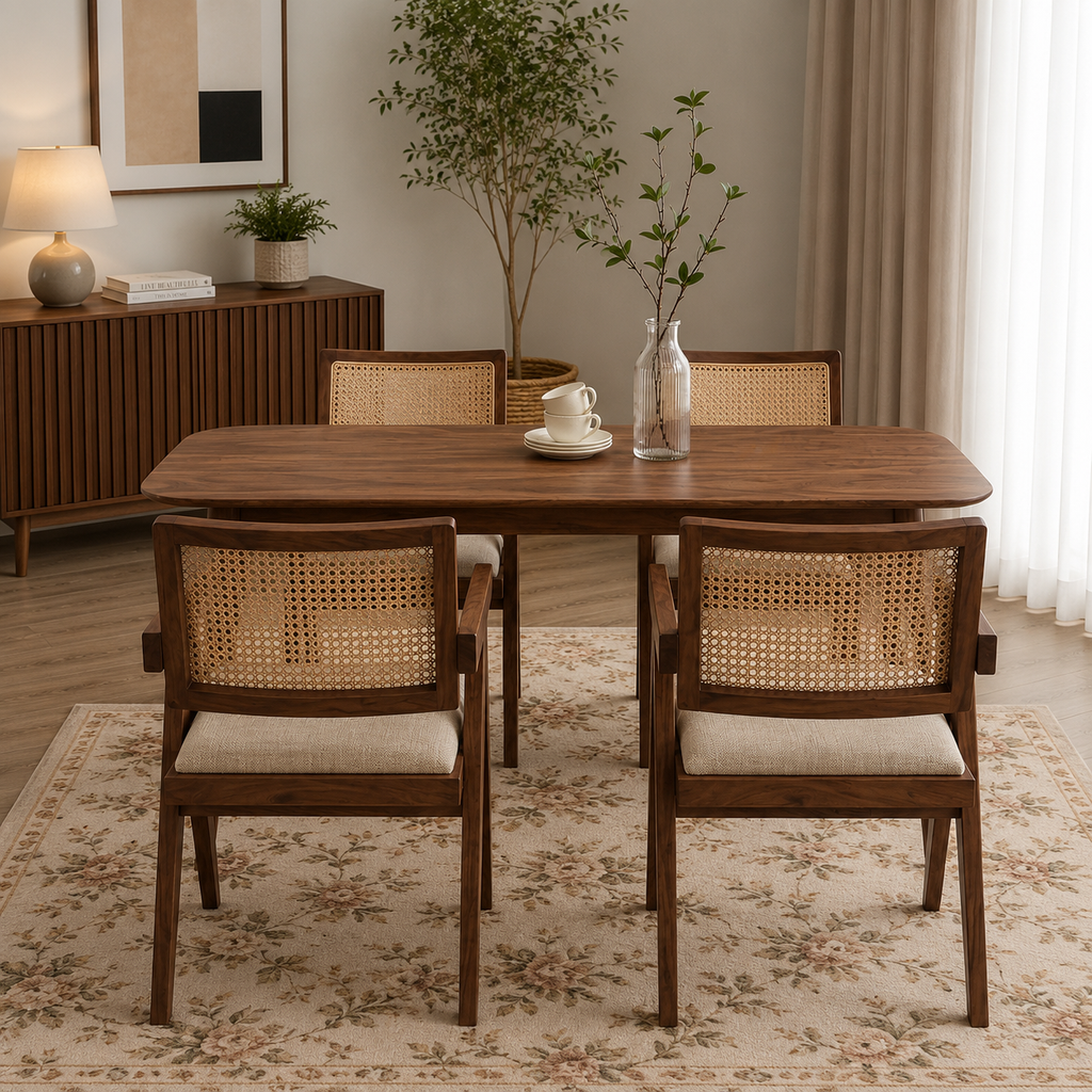 Astera Sheesham Wood 4 Seater Dining Set with Natural Cane Chairs