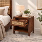 Braxton Contemporary Solid Wood Bedside Table with Handwoven Cane Drawer