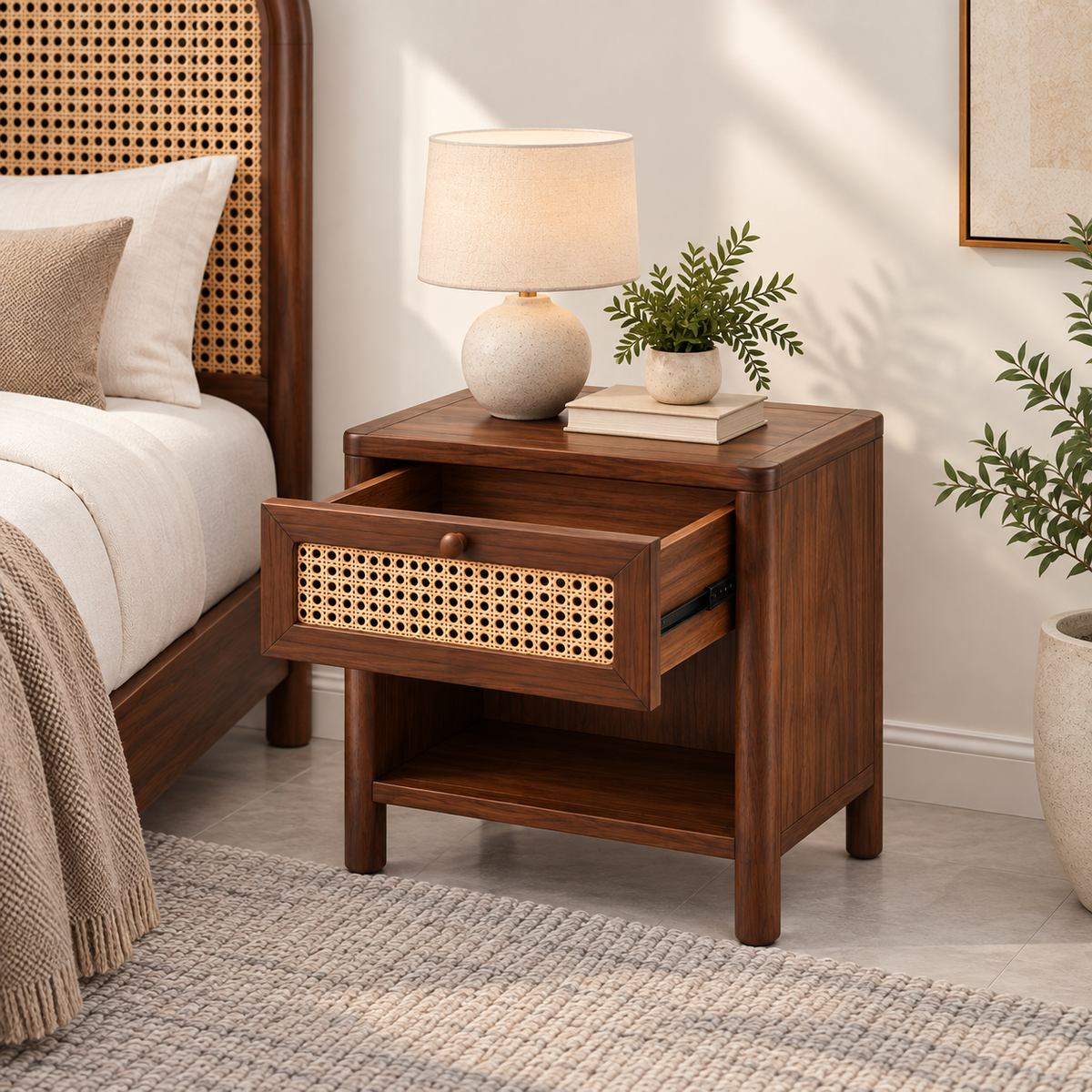 Braxton Contemporary Solid Wood Bedside Table with Handwoven Cane Drawer