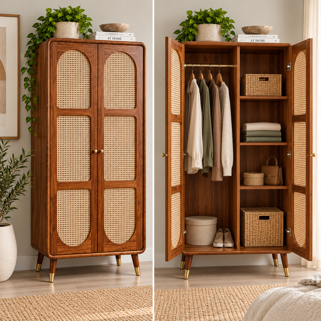 Modern Sheesham Wood Arched Cane Door Wardrobe