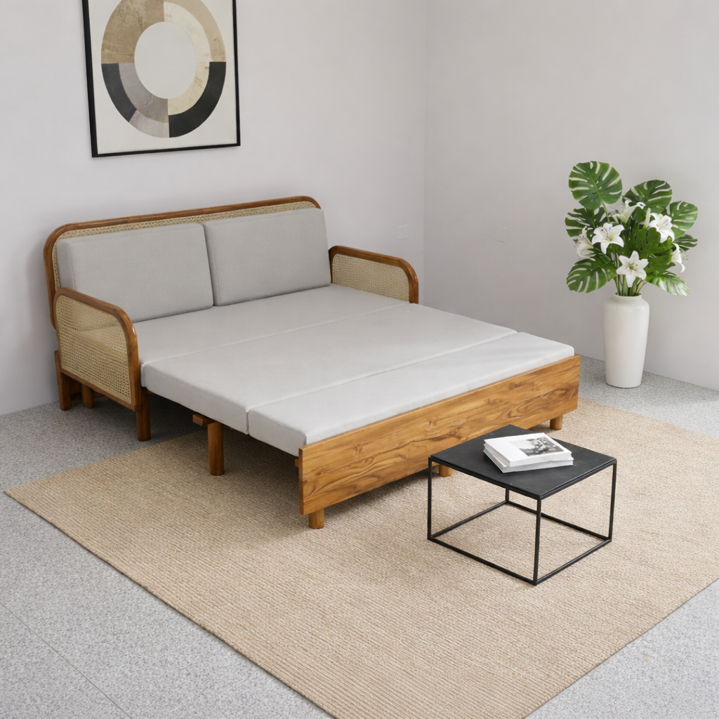 Natural Teak Wood Cane Wooden Convertible Sofa-Cum-Bed