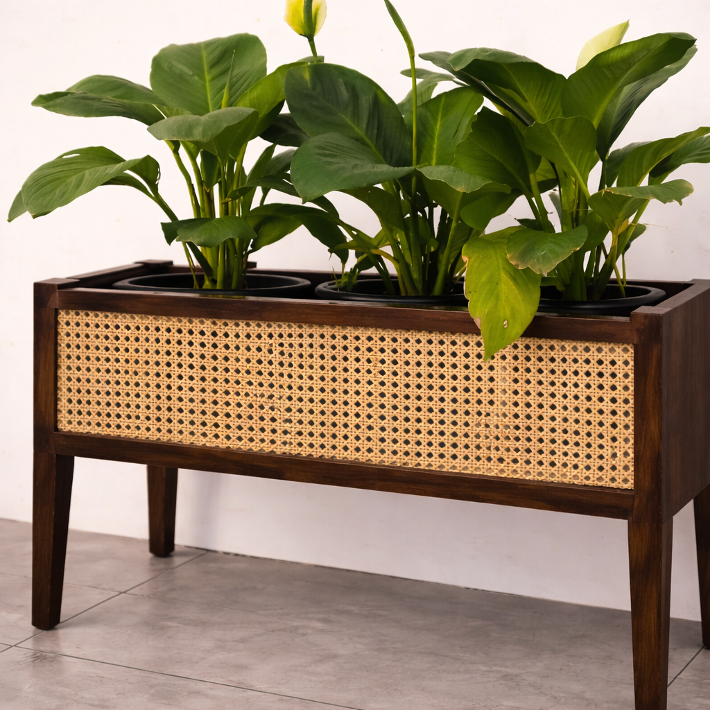 Mid-Century Walnut Wood Planter with Cane Panel-Walnut