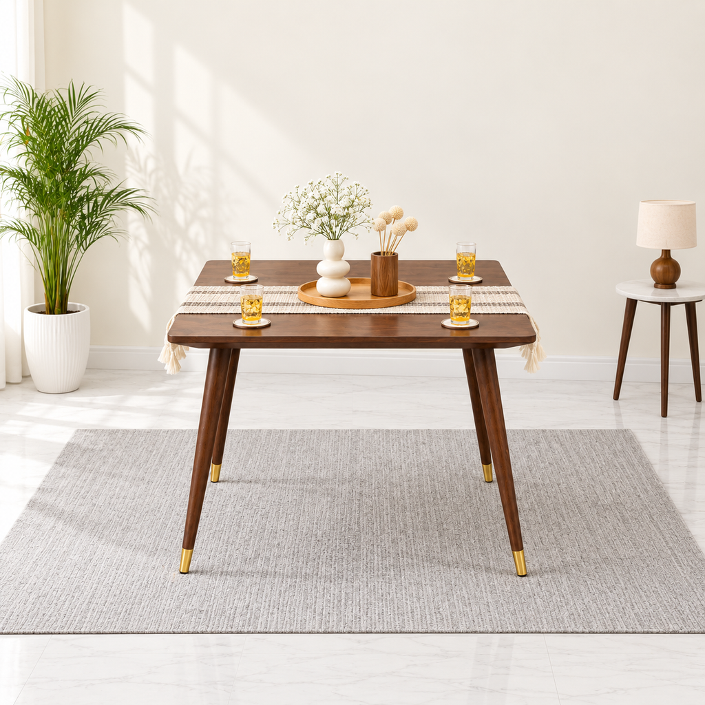 Ashton Solid Wood Rattan Cane Squre Dining Table 4 Seater 