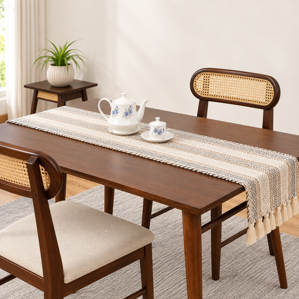 Ashton Solid Wood Rattan Cane Dining Table 4 Seater Set