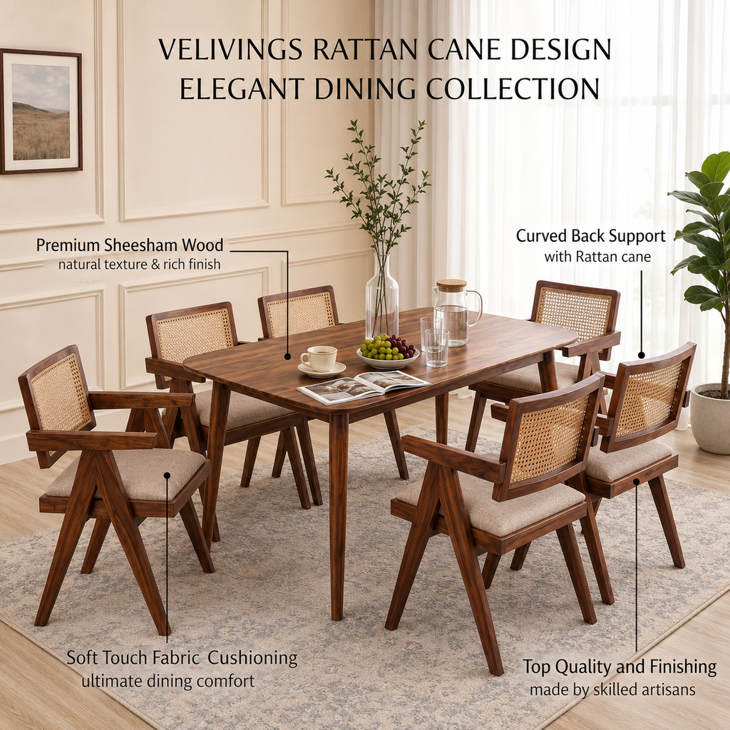 Astera Sheesham Wood 6 Seater Dining Set with Natural Cane Chairs