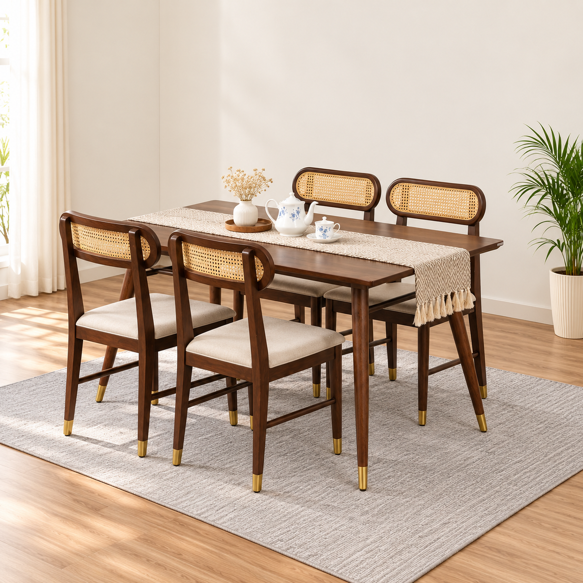 Ashton Solid Wood Rattan Cane Dining Table 4 Seater 