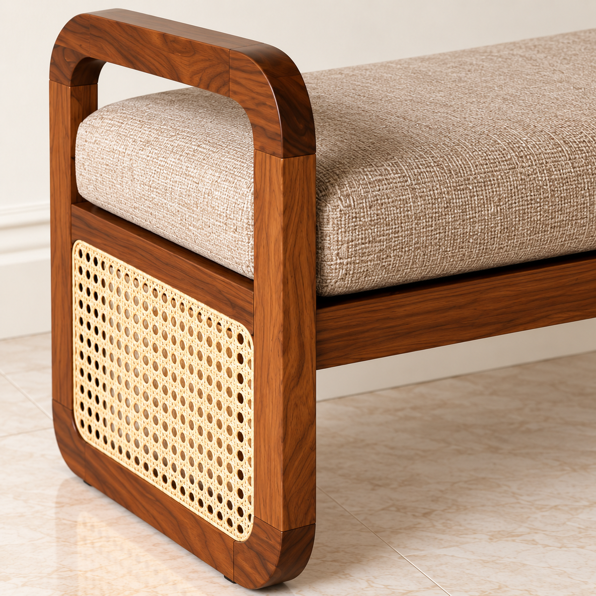 Walnut Frame Upholstered Cane Bench