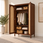 Braxton Contemporary Solid Wood 2-Door Wardrobe with Arched Handwoven Cane Panels