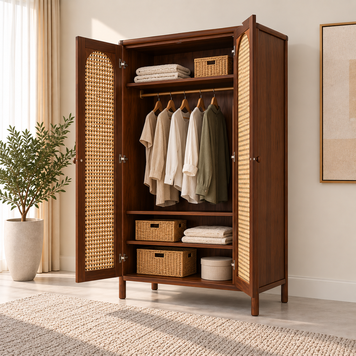 Braxton Contemporary Solid Wood 2-Door Wardrobe with Arched Handwoven Cane Panels
