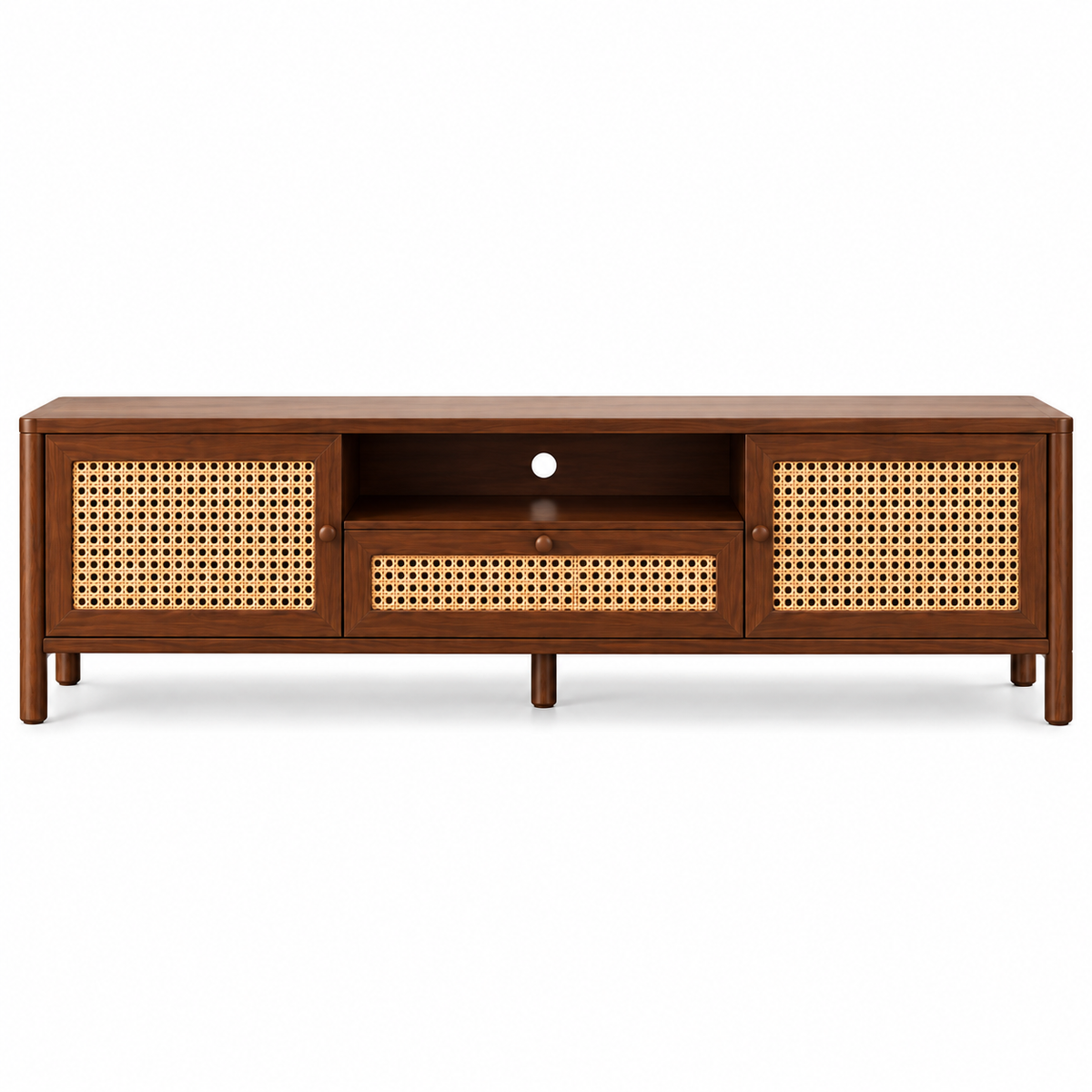 Braxton Contemporary Solid Wood TV Unit with Handwoven Cane Doors and Drawer