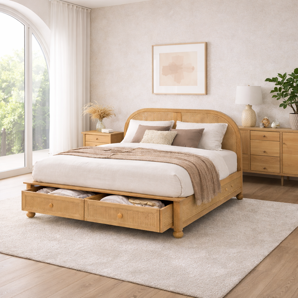 Valencia Rattan Bed with Drawer Storage | Mamta Handicraft