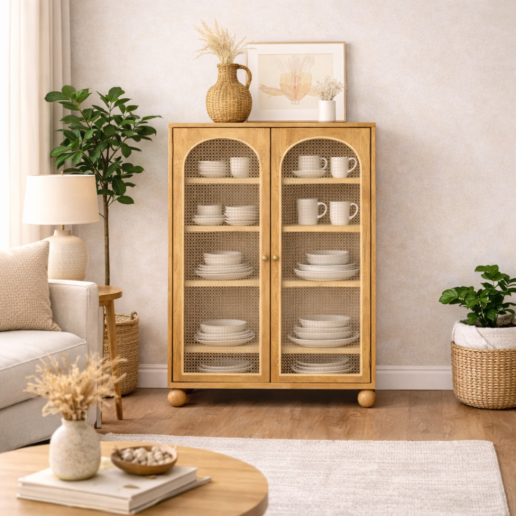 Valencia Rattan Large Crockery Unit Glass Door Detail | Mamta Handicraft