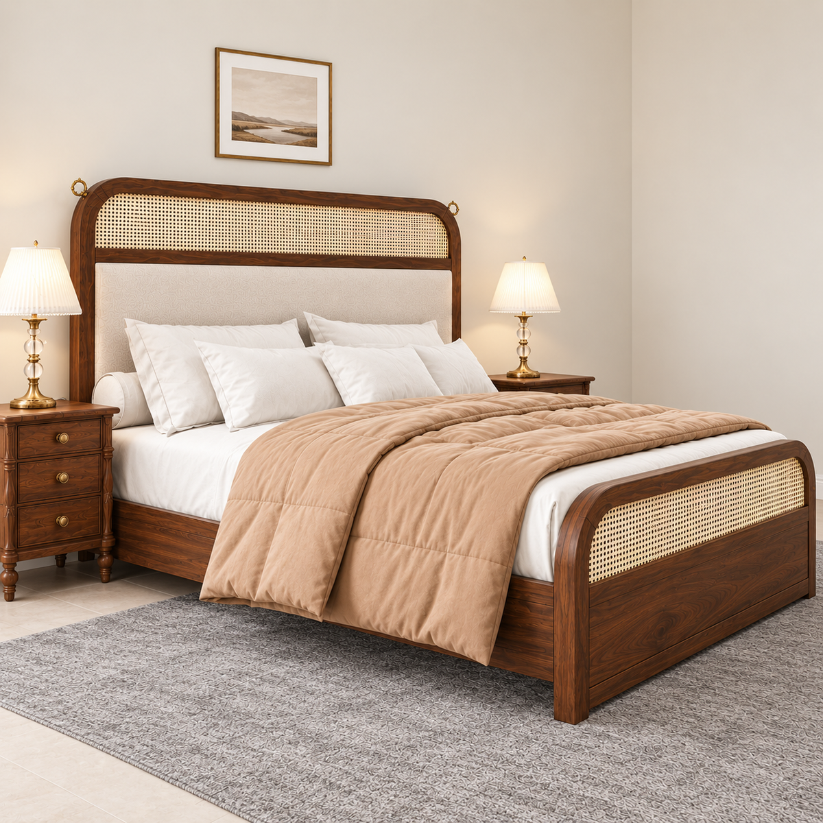 Milano Classic Wooden Bed with Upholstered Headboard