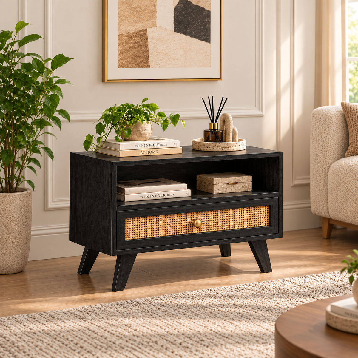 Modern Solid Wood Media Console with Cane Front