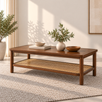 Braxton Contemporary Solid Wood Coffee Table with Handwoven Cane Shelf
