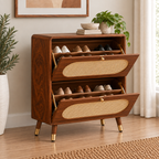 Modern Sheesham Wood Shoe Rack with Handwoven Cane Panels