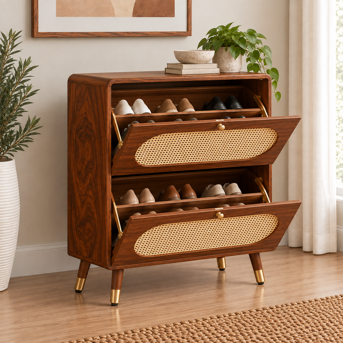 Modern Sheesham Wood Shoe Rack with Handwoven Cane Panels
