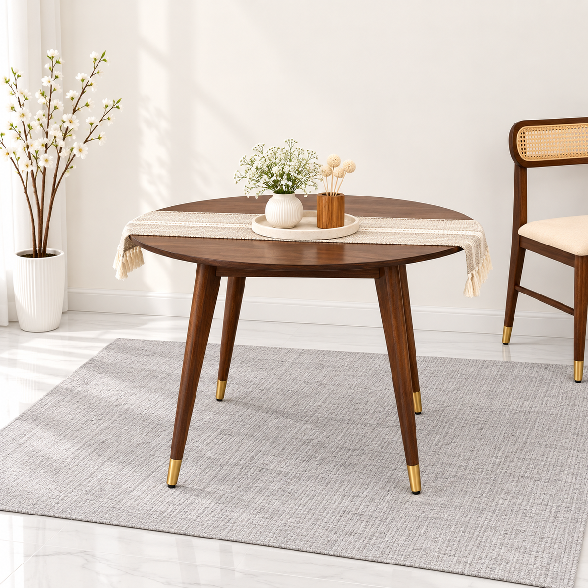 Ashton Solid Wood Rattan Cane Round Dining Table Set-4 Seater  