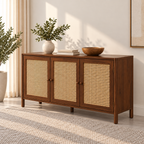 Braxton Contemporary Solid Wood 3-Door Sideboard with Handwoven Cane Panels