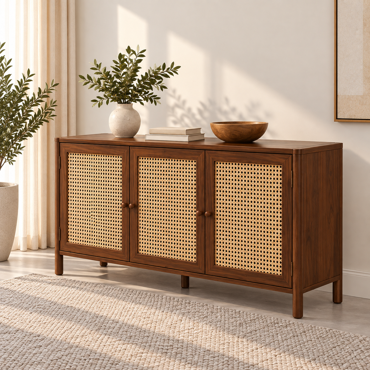 Braxton Contemporary Solid Wood 3-Door Sideboard with Handwoven Cane Panels