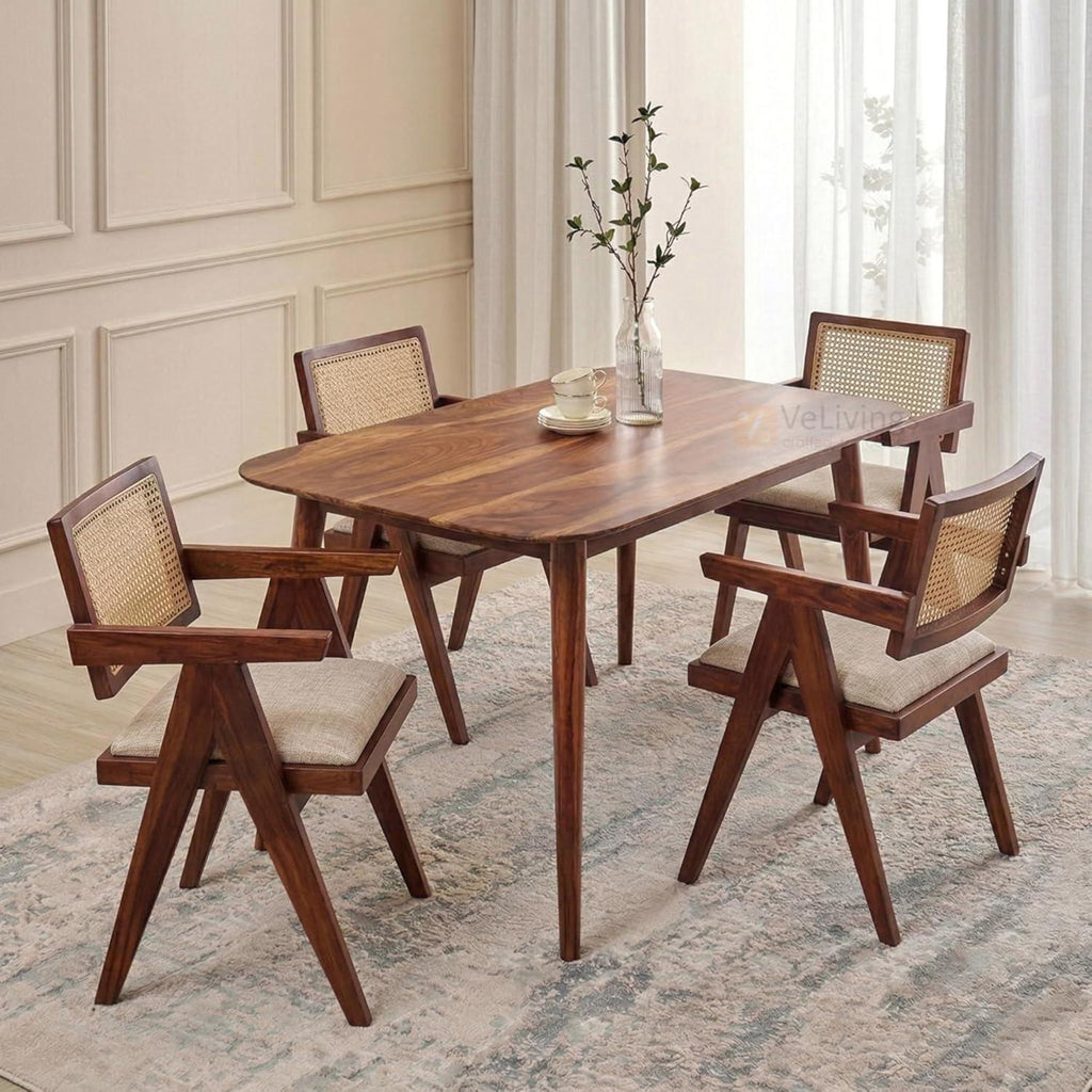 Astera Sheesham Wood 4 Seater Dining Set with Natural Cane Chairs