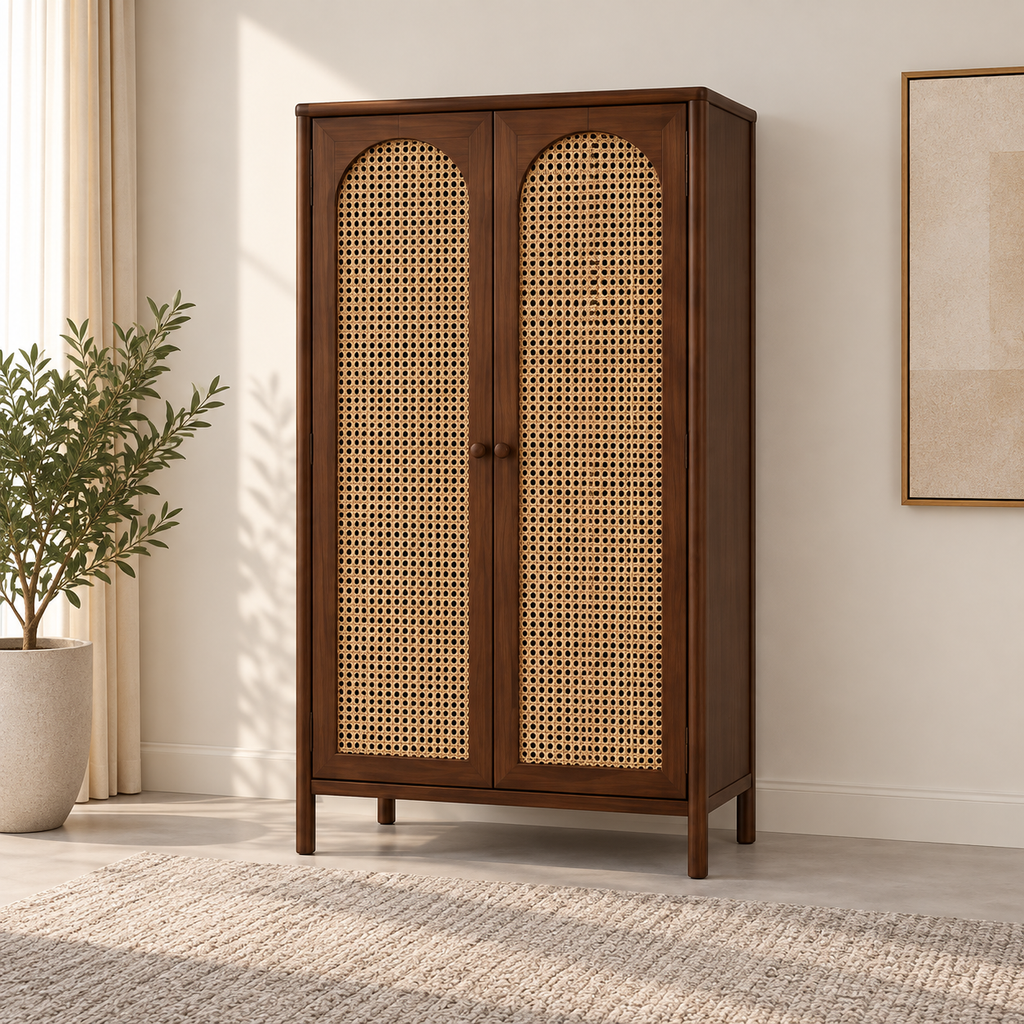 Braxton Contemporary Solid Wood 2-Door Wardrobe with Arched Handwoven Cane Panels