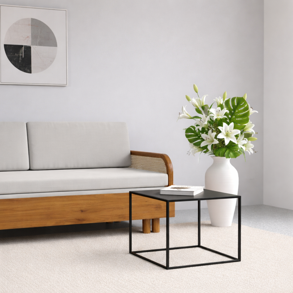 Natural Teak Wood Cane Wooden Convertible Sofa-Cum-Bed