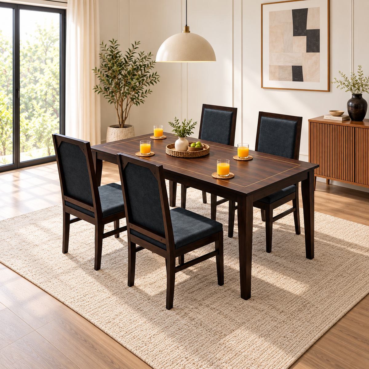 Luxury Solid Wood Dining Table with Brass Inlay Detail-4 Seater