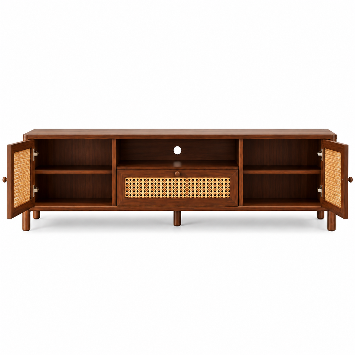 Braxton Contemporary Solid Wood TV Unit with Handwoven Cane Doors and Drawer