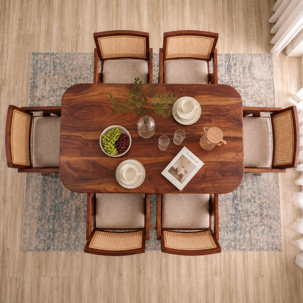 Astera Sheesham Wood 6 Seater Dining Set with Natural Cane Chairs