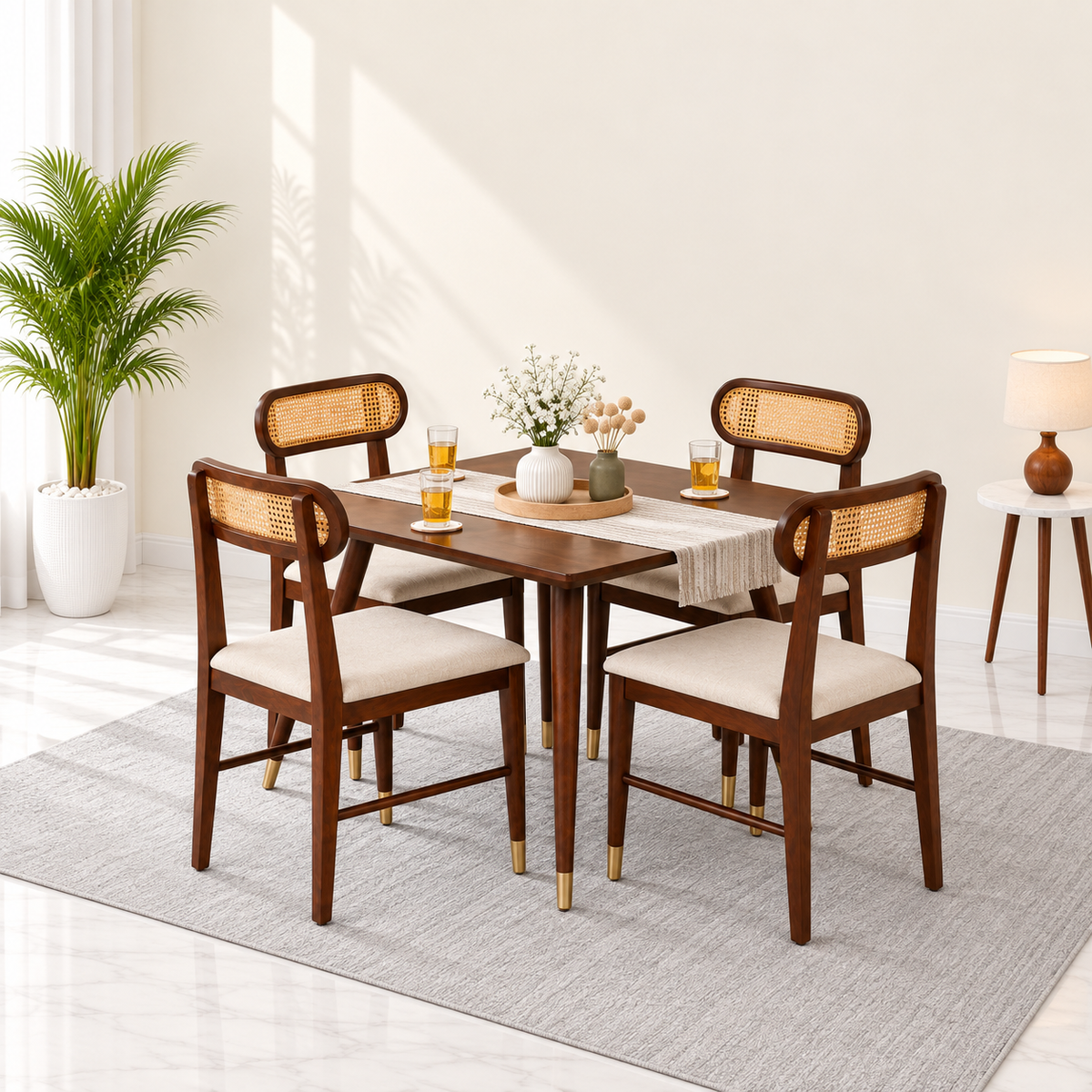 Ashton Solid Wood Rattan Cane Squre Dining Table Set -4 Seater 