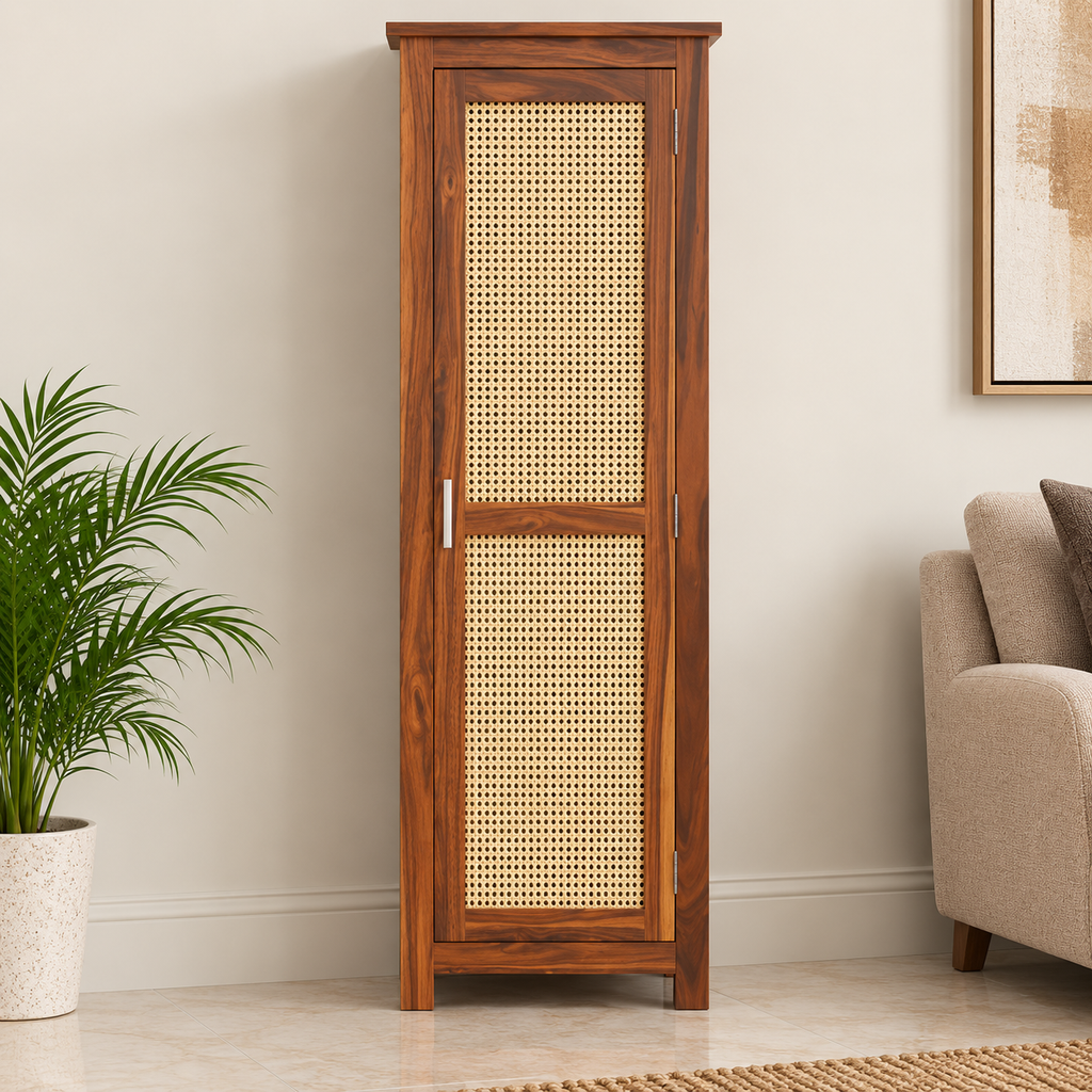 Modern Sheesham Wood Tall Cabinet with Cane Doors