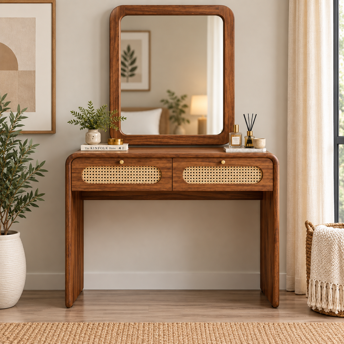 Modern Sheesham Wood Console Table with Handwoven Cane Drawers-with mirror