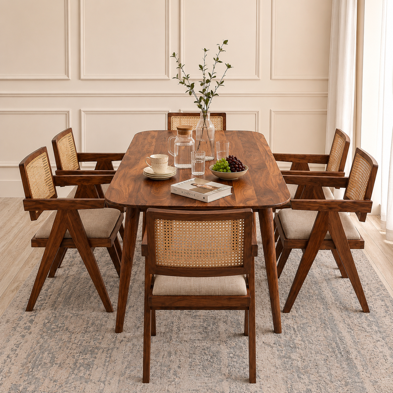Astera Sheesham Wood 6 Seater Dining Set with Natural Cane Chairs