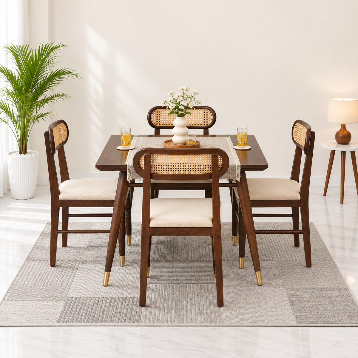 Ashton Solid Wood Rattan Cane Squre Dining Table Set -4 Seater 