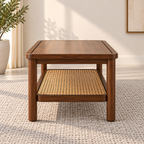 Braxton Contemporary Solid Wood Coffee Table with Handwoven Cane Shelf