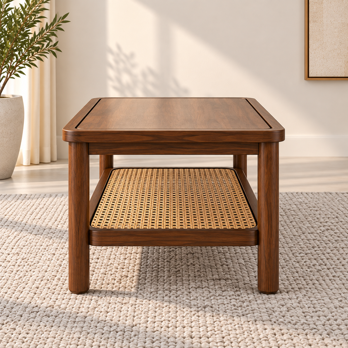 Braxton Contemporary Solid Wood Coffee Table with Handwoven Cane Shelf